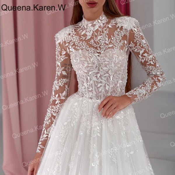 Queena.Karen.W Elegant A line Wedding Dress long sleeve high neck lace beading bride dress robe de mariee Bridal Gown