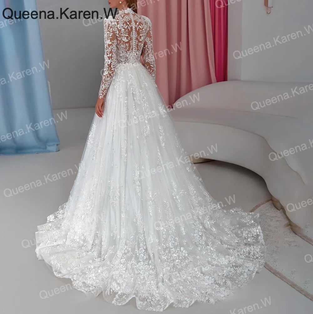 Queena.Karen.W Elegant A line Wedding Dress long sleeve high neck lace beading bride dress robe de mariee Bridal Gown BA-QK142