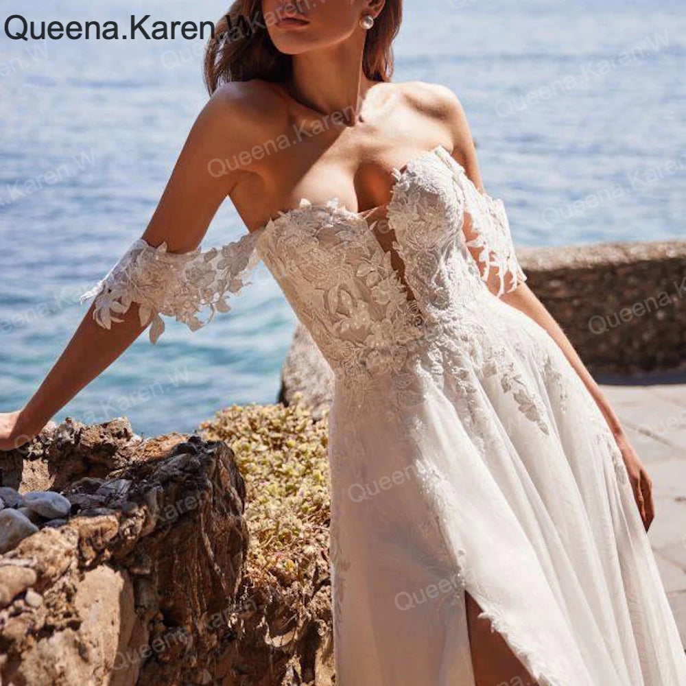 Queena.Karen.W Elegant A line Wedding Dress off shoulder lace applique chiffon bride dress robe de mariee Wedding Bridal Gown AL-QK240