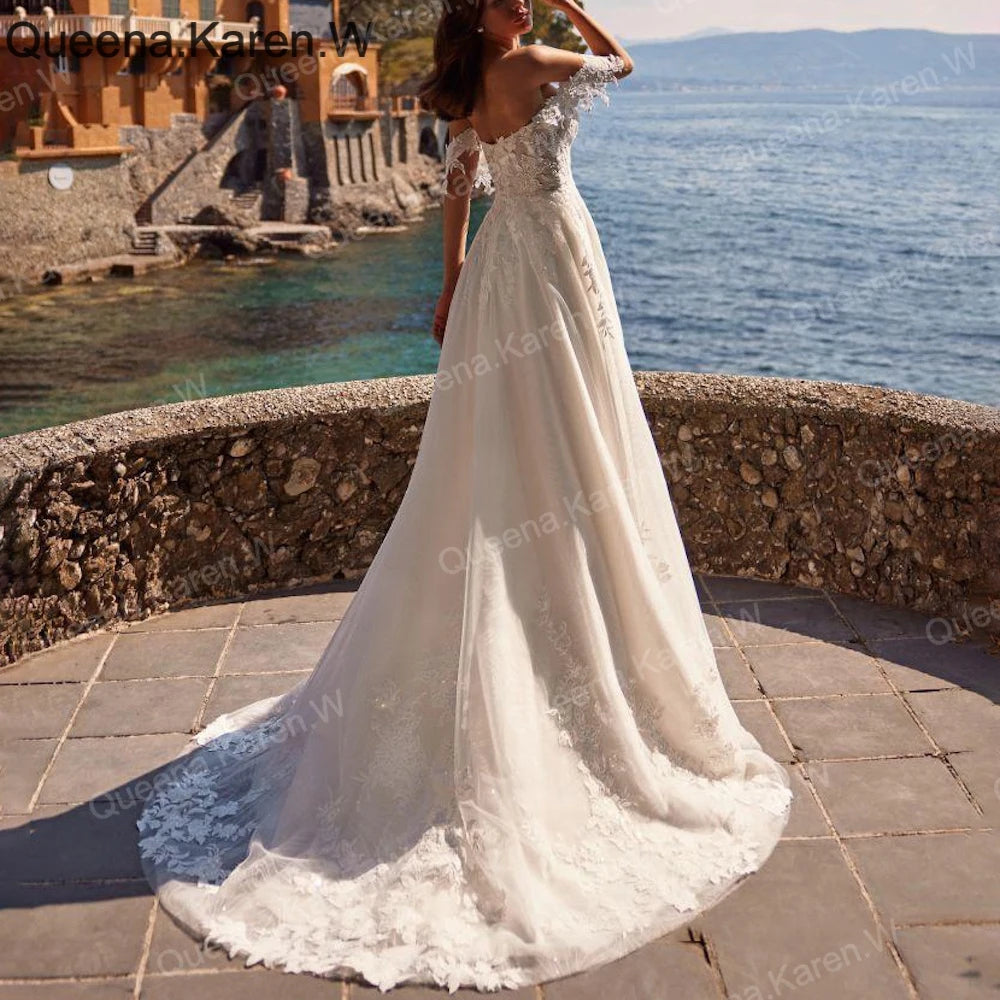 Queena.Karen.W Elegant A line Wedding Dress off shoulder lace applique chiffon bride dress robe de mariee Wedding Bridal Gown AL-QK240