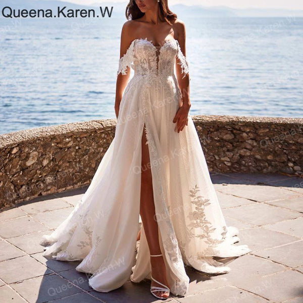 Queena.Karen.W Elegant A line Wedding Dress off shoulder lace applique chiffon bride dress robe de mariee Wedding Bridal Gown