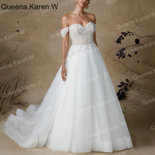 Queena.Karen.W Elegant A line Wedding Dress off shoulder sweetheart lace beading bride dress robe de mariee Bridal Gown