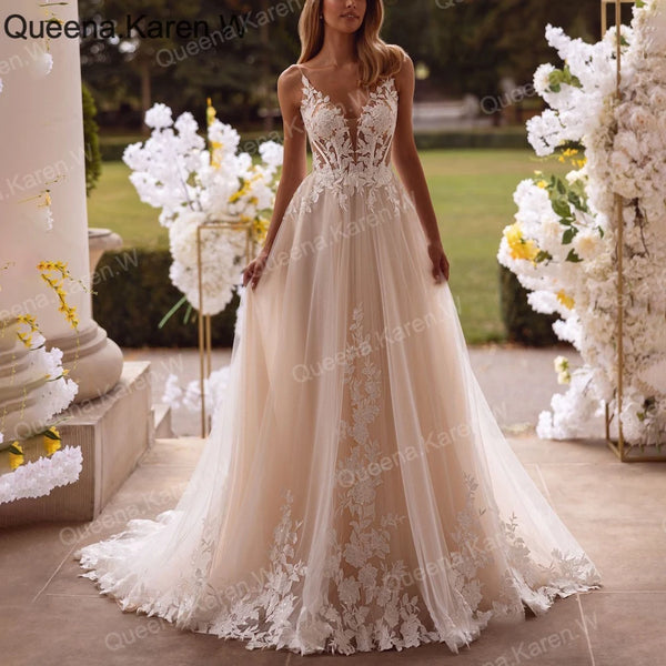 Queena.Karen.W Elegant A line Wedding Dress sweetheart lace applique bride dress robe de mariee A line Wedding Bridal Gown