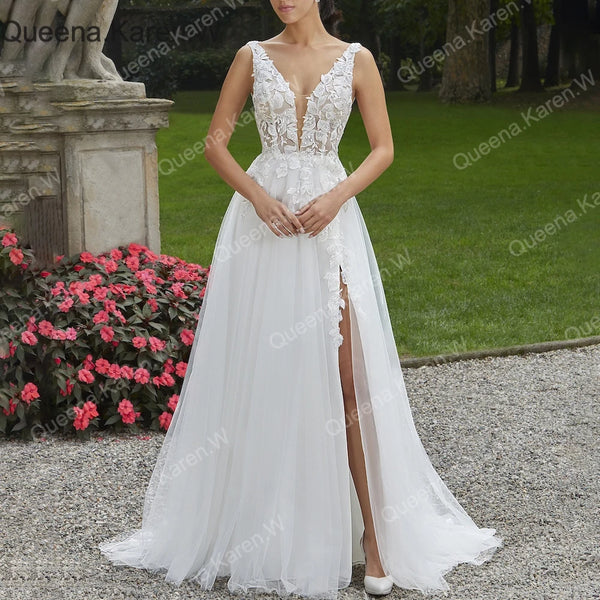 Queena.Karen.W Elegant Boho A line Wedding Dress lace bride dress robe de mariee A line Wedding Bridal Gown