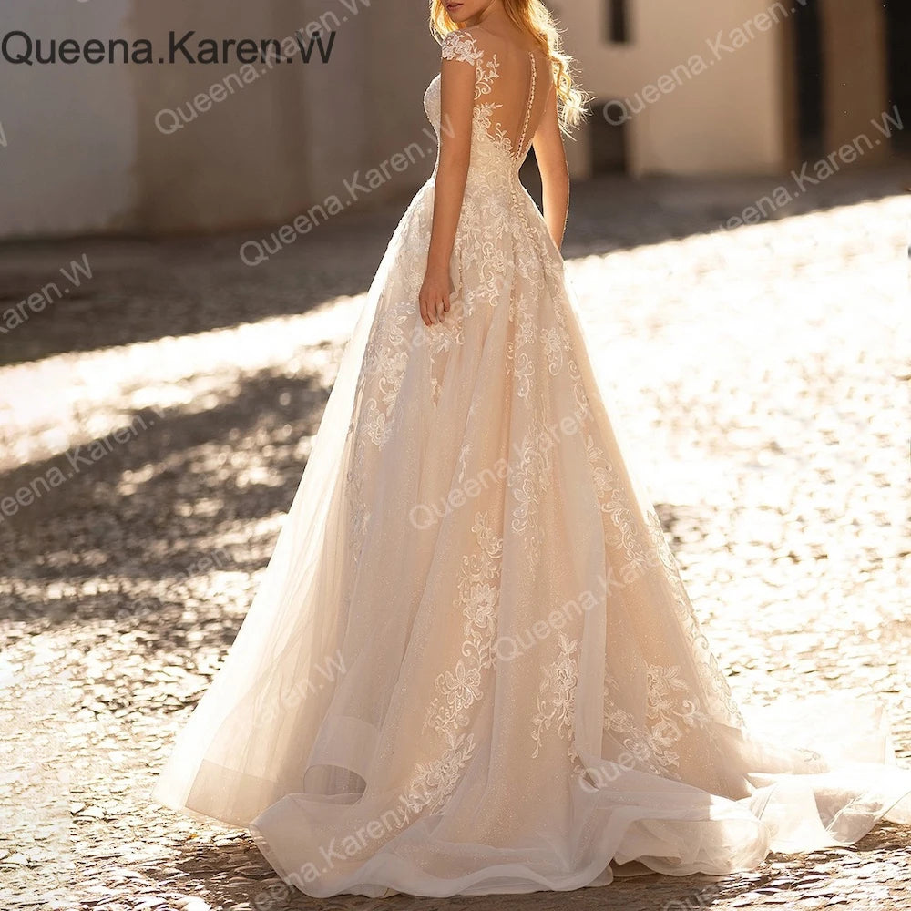 Queena.Karen.W Elegant Boho A line Wedding Dress lace bride dress robe de mariee A line Wedding Bridal Gown AL-QK12
