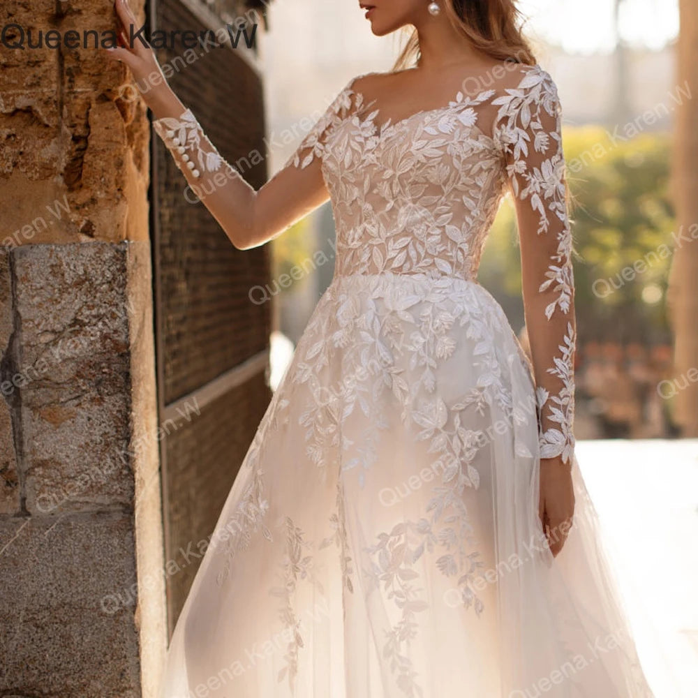 Queena.Karen.W Elegant Boho A line Wedding Dress long sleeve lace applique bride dress robe de mariee A line Wedding Bridal Gown AL-QK11