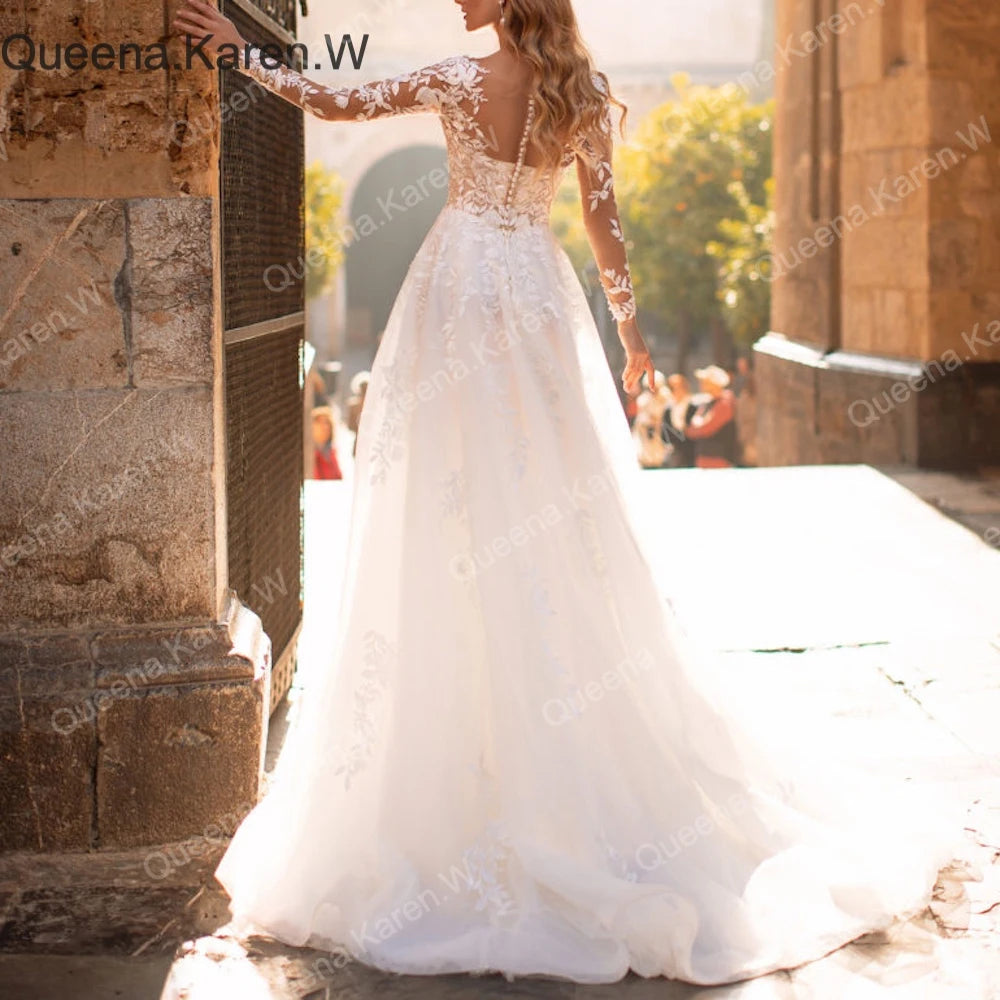 Queena.Karen.W Elegant Boho A line Wedding Dress long sleeve lace applique bride dress robe de mariee A line Wedding Bridal Gown AL-QK11