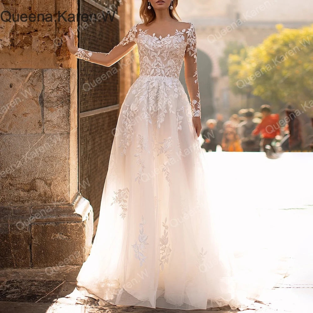 Queena.Karen.W Elegant Boho A line Wedding Dress long sleeve lace applique bride dress robe de mariee A line Wedding Bridal Gown AL-QK11