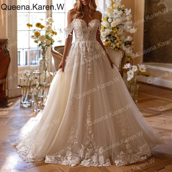 Queena.Karen.W Elegant Wedding Dress off shoulder lace applique bride dress robe de mariee A line Wedding Bridal Gown