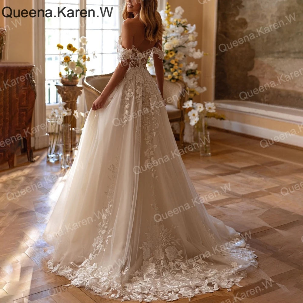 Queena.Karen.W Elegant Wedding Dress off shoulder lace applique bride dress robe de mariee A line Wedding Bridal Gown BA-QK228