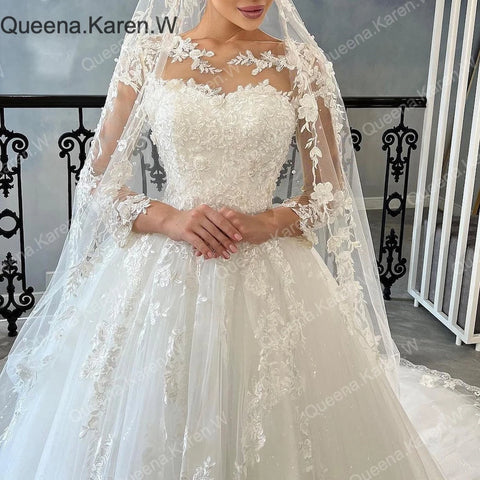Queena.Karen.W Elegant princess Wedding Dress long sleeve lace bride dress robe de mariee A line Wedding Bridal Gown