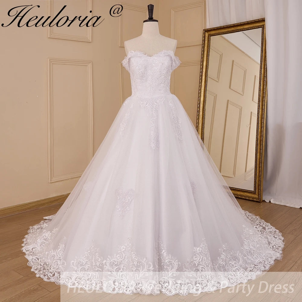 HEULORIA Romantic Off-the-Shoulder Lace Ball Gown Wedding Dress with Ruffled Sleeves and Cathedral Train BA-830