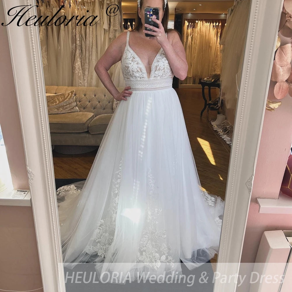 HEULORIA elegant A line wedding dress stra lace applique bride dress customize AL-879