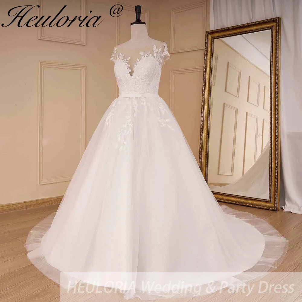 HEULORIA Sparkly Glitter A line Wedding Gowns sheer sweetheart neckline lace Bride Dresses robe de mariee A line Wedding Bridal Gown AL-825