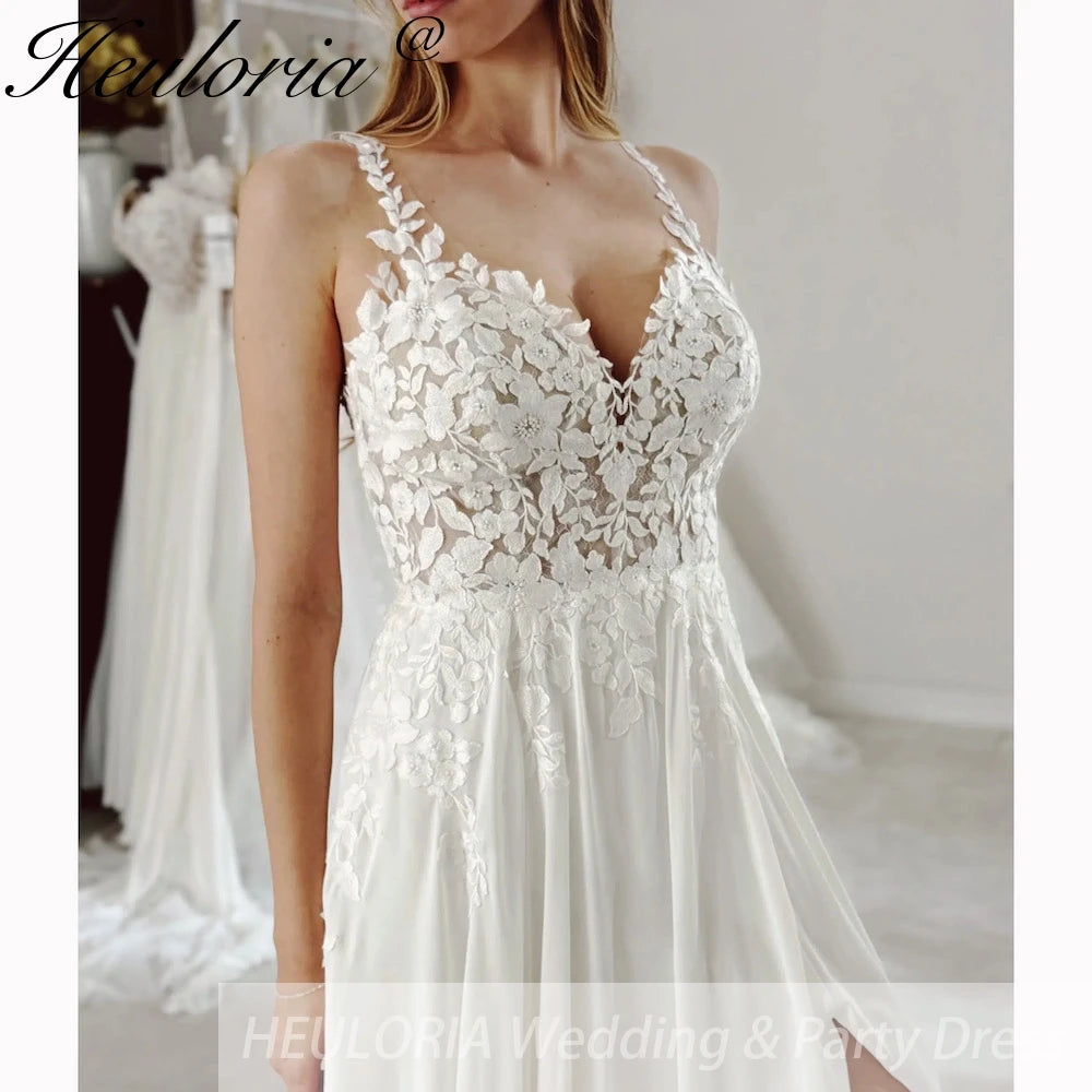 HEULORIA elegant A line Wedding Dress Spaghetti Straps lace applique bride dress high split garden beach wedding AL-840