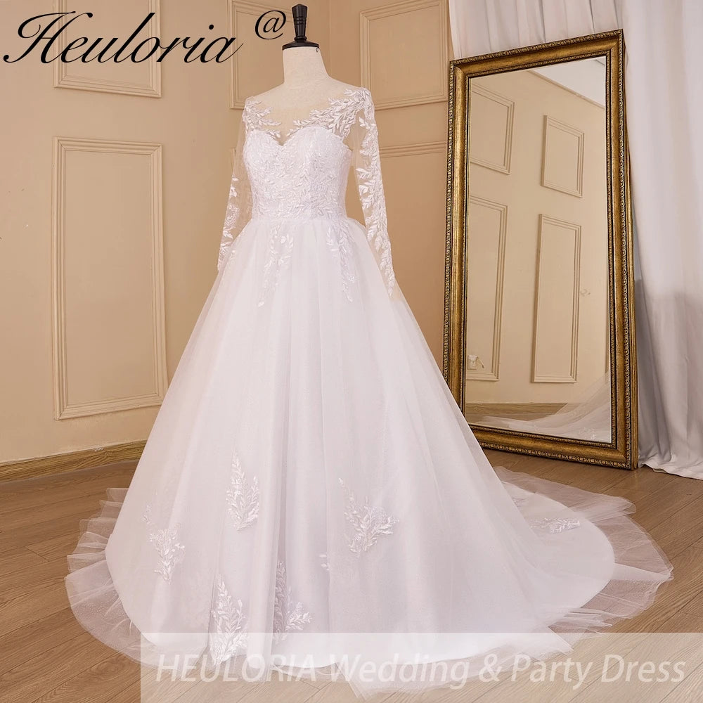 HEULORIA Sparkly Glitter A line Wedding Dress long sleeve lace bride dress plus size robe de mariee  A line Wedding Bridal Gown AL-832