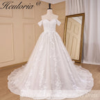 HEULORIA Romantic Off-the-Shoulder Sweetheart Neckline Lace Wedding Dress with Shimmering Cathedral Train BA-826