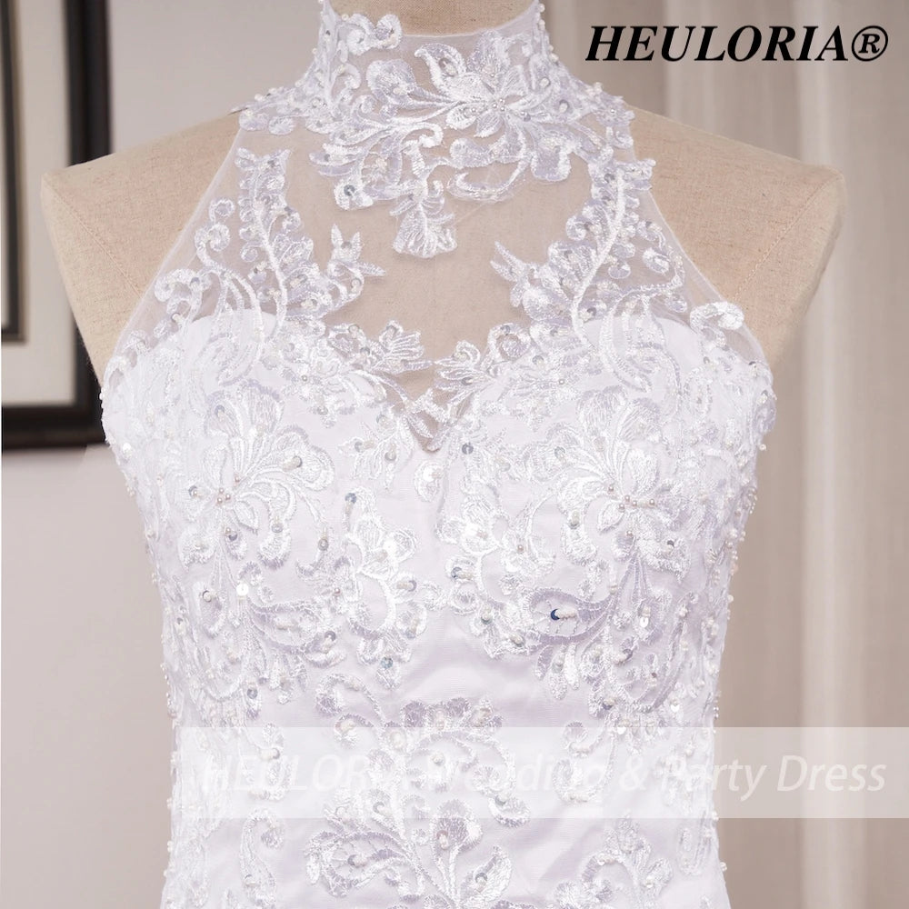 HEULORIA mermaid wedding dress high neck lace beading bride dress long train Robe de mariage ME-0115
