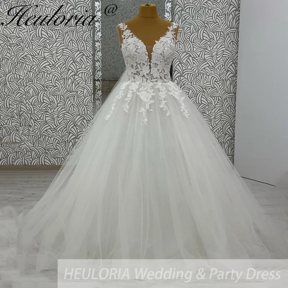 HEULORIA V Neck Sleeveless A lineWedding Dress Boho Lace Appliques Tulle Long Bridal Gowns Backless Vestidos de Novia Customized AL-1038