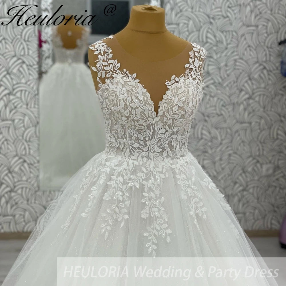 HEULORIA V-neck Sparkly Glitter tulle Wedding Dress Women Robe Civil Lace Appliques A Line Boho Bridal Gown Customized AL-1045