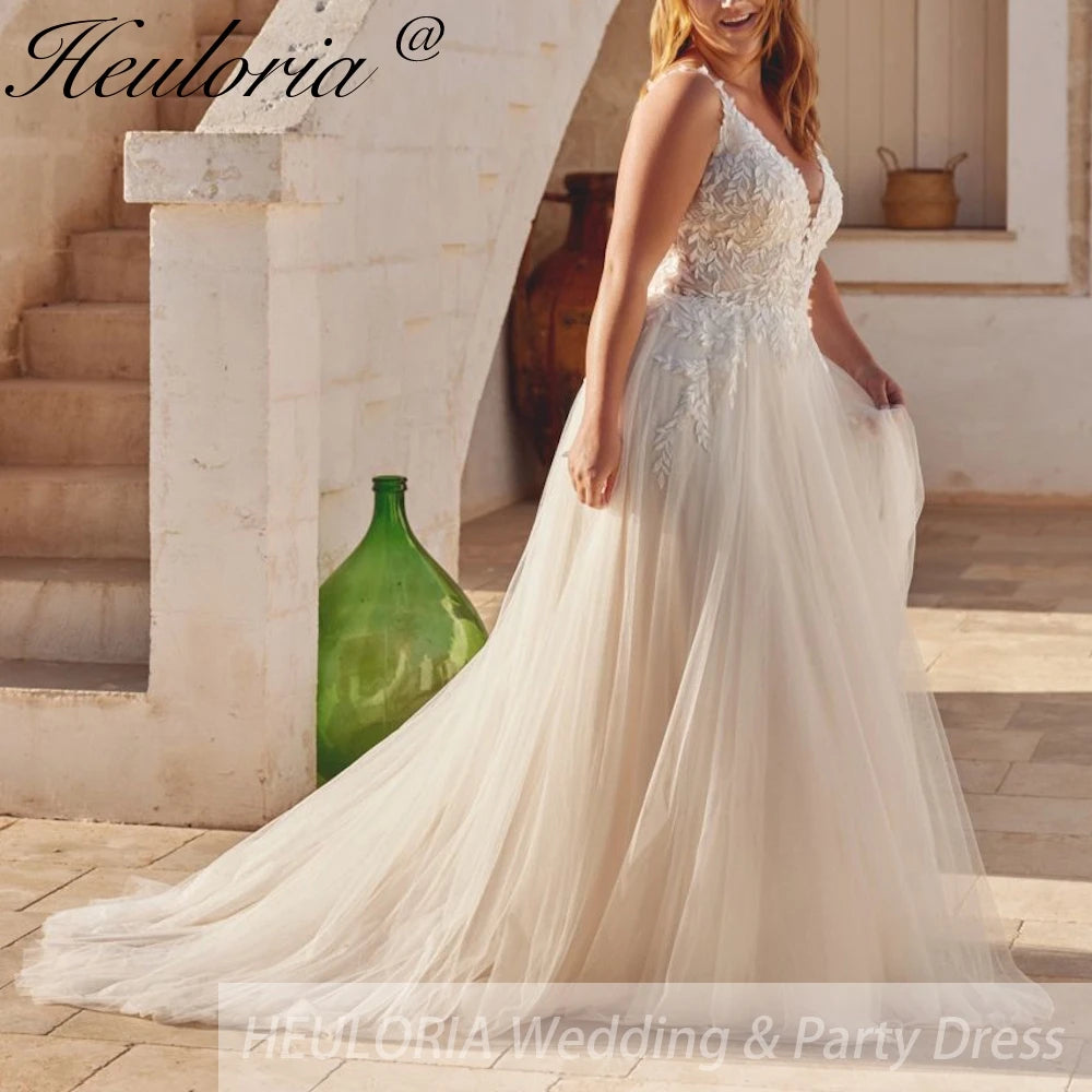 HEULORIA Boho a line Wedding Dress plug v neck lace bride dress plus size robe de mariee  A line Wedding Bridal Gown AL-877
