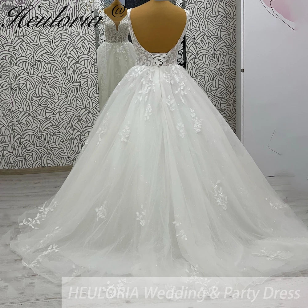 HEULORIA Princess Wedding dress Sparkly Plunging V Necklace Bride Gowns Lace Up Back Customized BA-1047