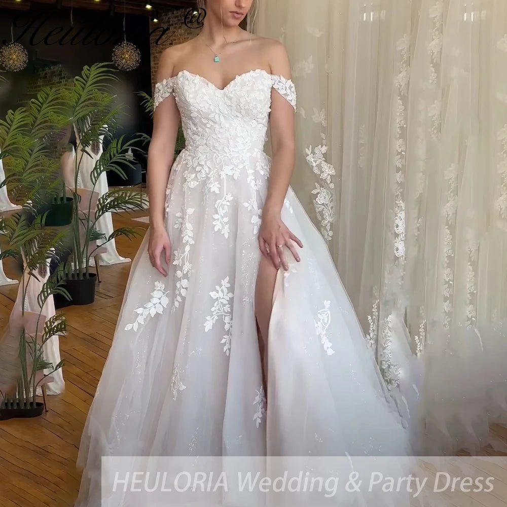 HEULORIA elegant A line wedding dress off shoulder Sparkly Glitter tulle lace bridal dress high split plus size robe de mariee A line Wedding Bridal Gown AL-884