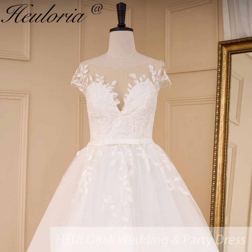 HEULORIA Sparkly Glitter A line Wedding Gowns sheer sweetheart neckline lace Bride Dresses robe de mariee A line Wedding Bridal Gown AL-825