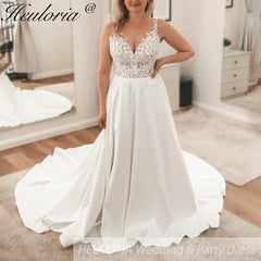 HEULORIA elegant A line Wedding Dress Spaghetti Straps lace applique satin skirt bride dress plus size robe de mariee