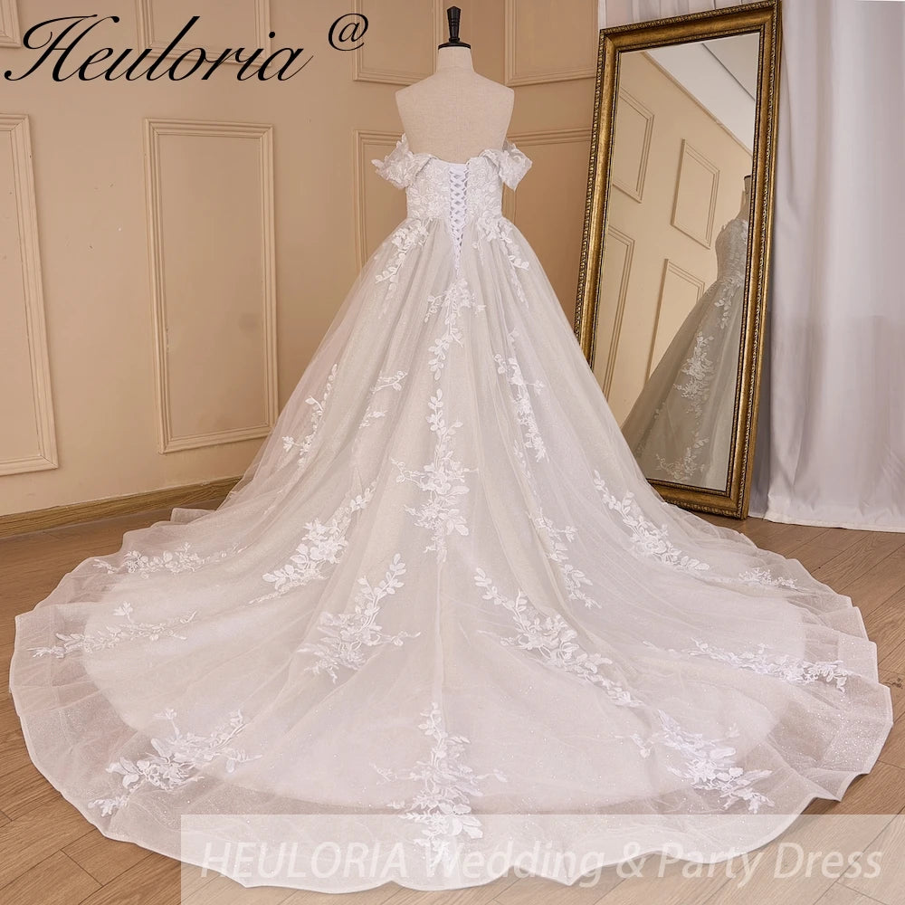 HEULORIA Romantic Off-the-Shoulder Sweetheart Neckline Lace Wedding Dress with Shimmering Cathedral Train BA-826
