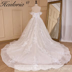HEULORIA Romantic Off-the-Shoulder Sweetheart Neckline Lace Wedding Dress with Shimmering Cathedral Train BA-826