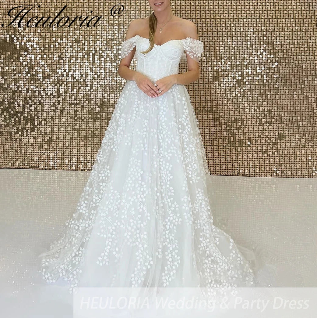 HEULORIA off shoulder 3D floral lace wedding dress lace up bride dress robe de mariee court train