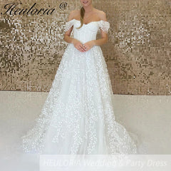 HEULORIA off shoulder 3D floral lace wedding dress lace up bride dress robe de mariee court train