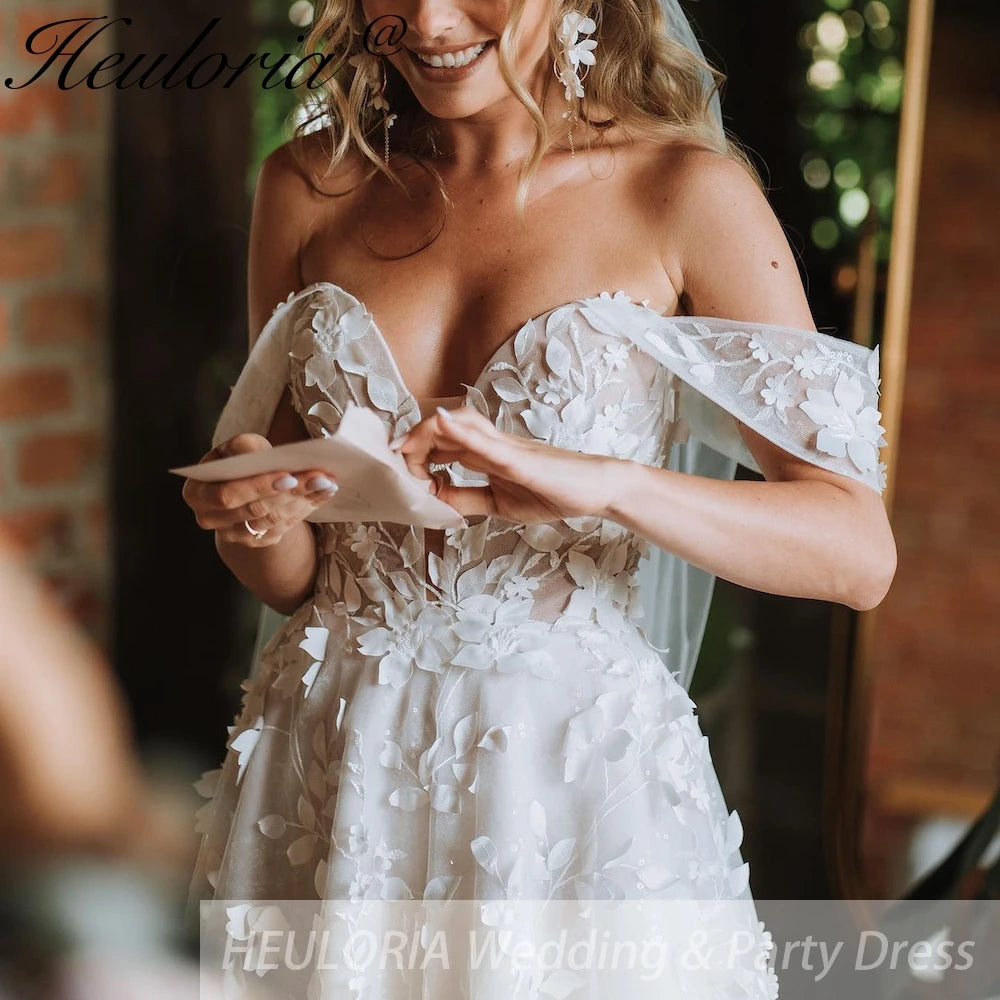 HEULORIA off shoulder A line Wedding Dress Sparkly Glitter 3D floral Bridal dress customize BA-531B