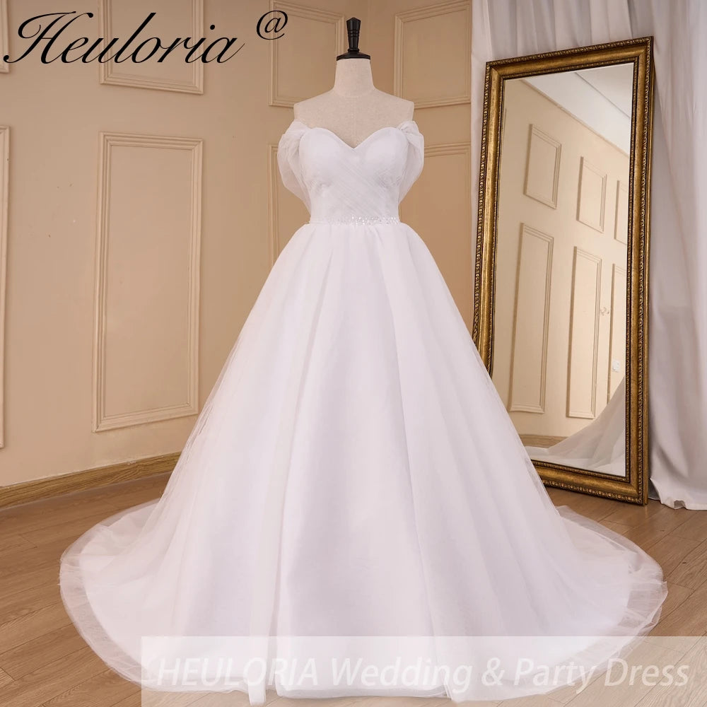 HEULORIA Boho A line Wedding Dress off shoulde beading belt bride Dress tulle lace up back plus size AL-818 - 16 / White HEULORIA Boho A line Wedding Dress off shoulde beading belt bride Dress tulle lace up back plus size AL-818 - 16 / White
