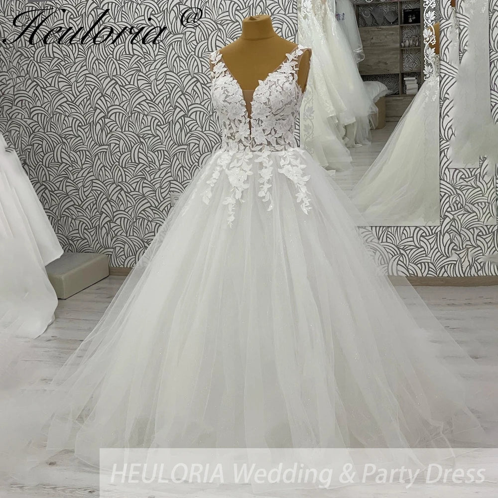 HEULORIA V Neck Sleeveless A lineWedding Dress Boho Lace Appliques Tulle Long Bridal Gowns Backless Vestidos de Novia Customized AL-1038