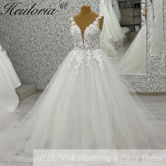 HEULORIA V Neck Sleeveless A lineWedding Dress Boho Lace Appliques Tulle Long Bridal Gowns Backless Vestidos de Novia Customized AL-1038