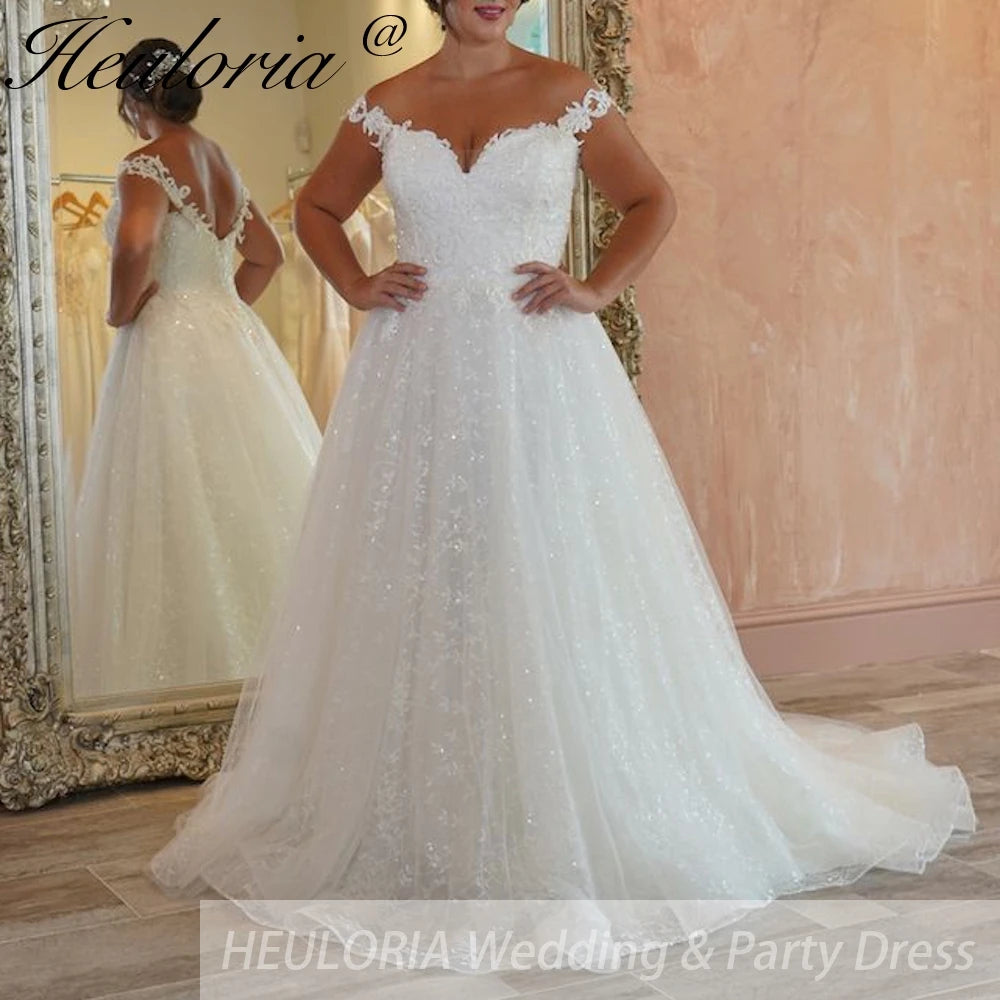 HEULORIA Sparkly Glitter A line Wedding Gowns Off Shoulder lace Bride Dresses plus size customize