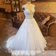 HEULORIA elegant Wedding Dress v neck cap sleeve beading lace bride dress blush color