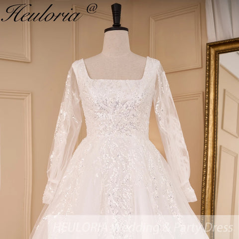 HEULORIA elegant A line wedding dress long sleeve Sparkly Glitter lace beading bride dress Robe De Mariee Wedding Bride Dress
