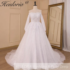HEULORIA elegant A line wedding dress long sleeve beading lace bride dress plus size