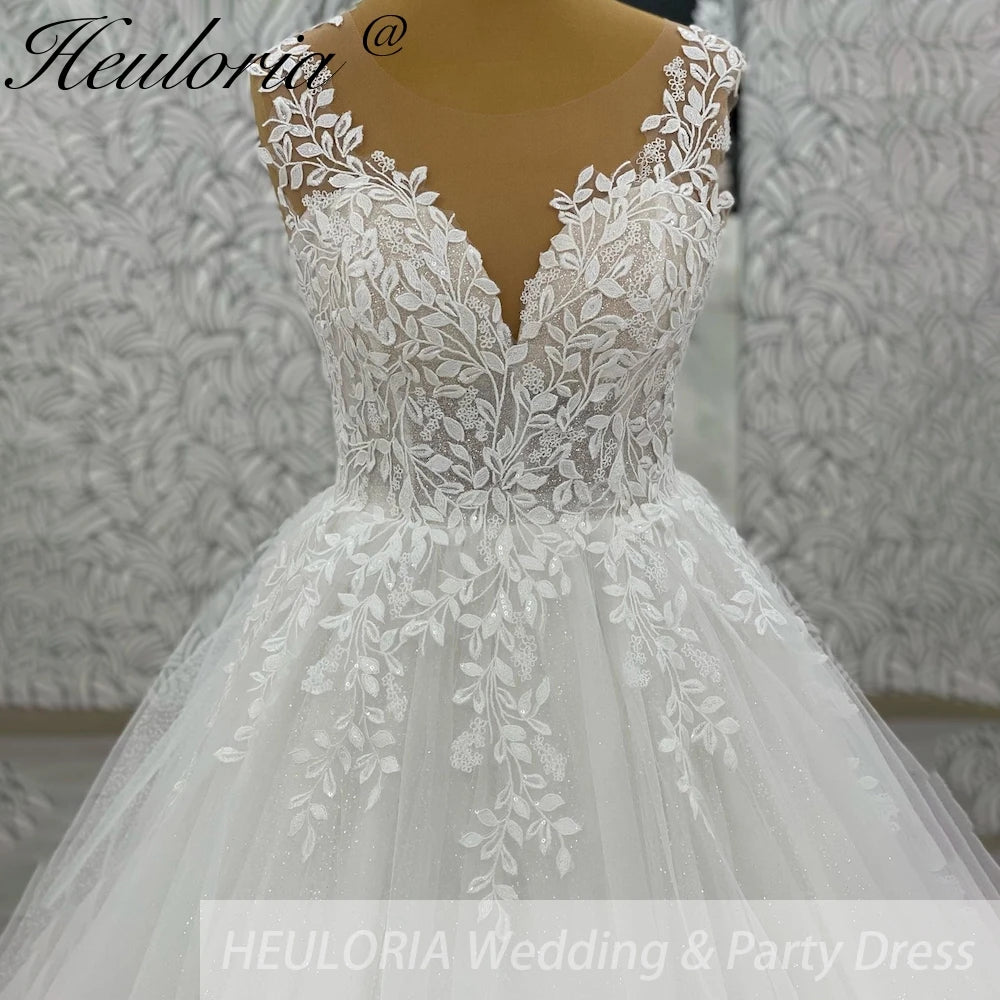 HEULORIA V-neck Sparkly Glitter tulle Wedding Dress Women Robe Civil Lace Appliques A Line Boho Bridal Gown Customized AL-1045