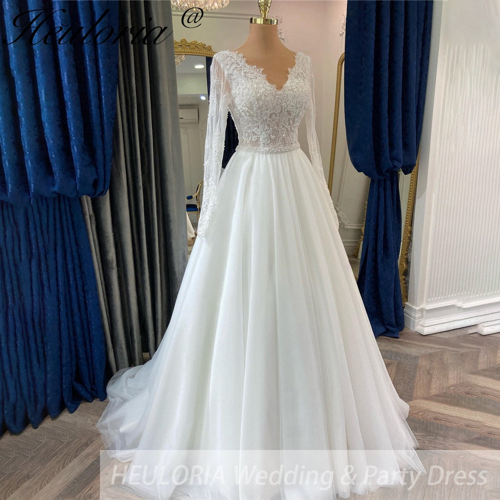 HEULORIA elegant A line wedding dress long sleeve Sparkly Glitter lace beading bride dress Robe De Mariee Wedding Bride Dress AL-249