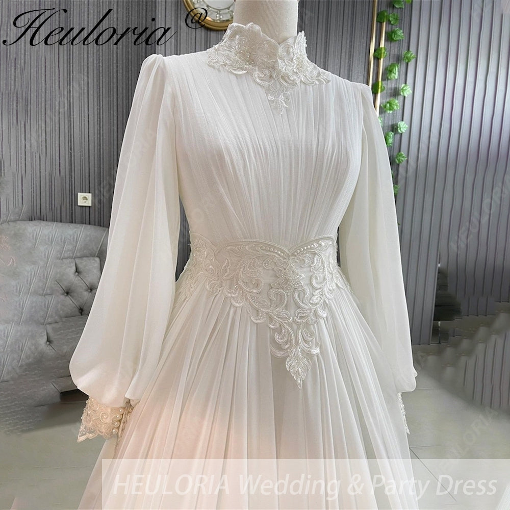 HEULORIA Victorian-Inspired High Neck Lace Wedding Dress - Ethereal Bishop Sleeves & Pleated Chiffon Bridal Gown AL-358