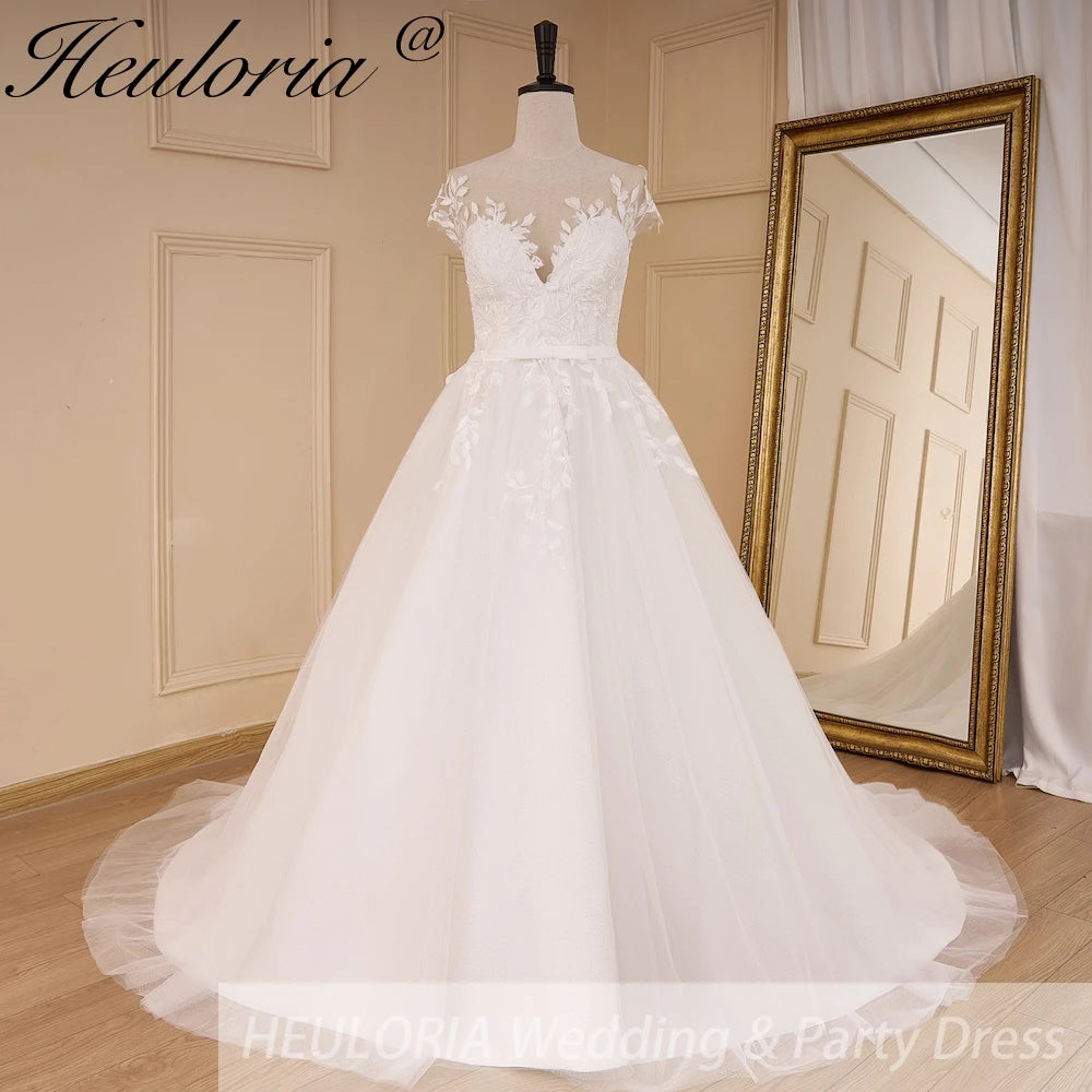 HEULORIA Sparkly Glitter A line Wedding Gowns sheer sweetheart neckline lace Bride Dresses robe de mariee A line Wedding Bridal Gown