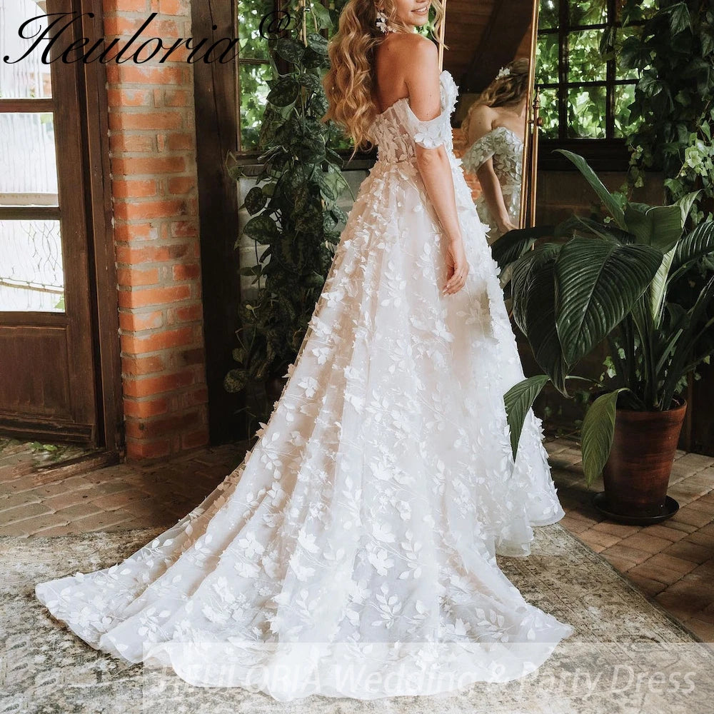 HEULORIA off shoulder A line Wedding Dress Sparkly Glitter 3D floral Bridal dress customize BA-531B Main image