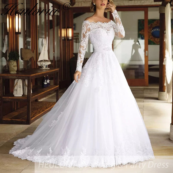 Princess Ball Gown Wedding Dress long sleeve off shoulder lace bride dress plus size robe de mariee Wedding Bridal Gown