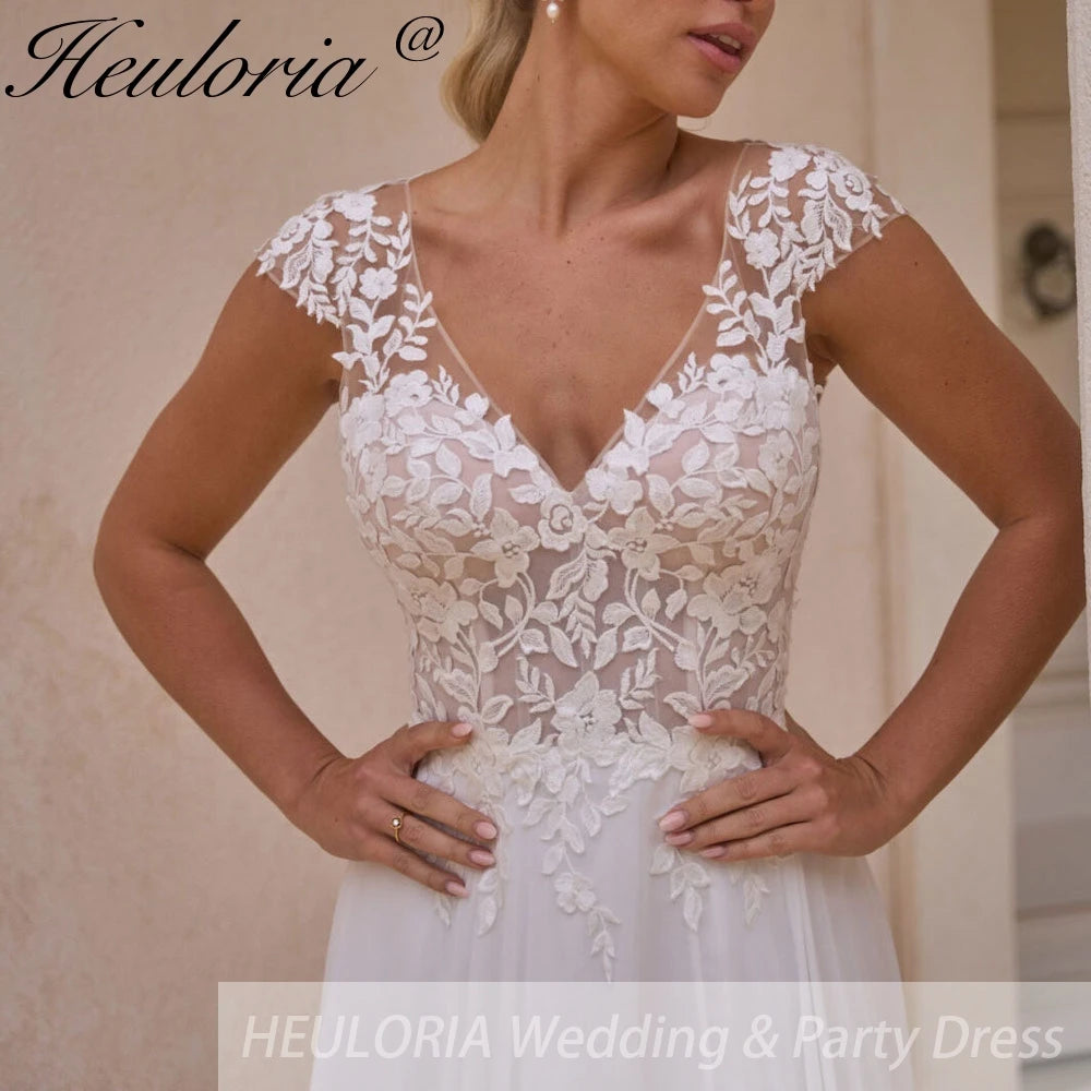 HEULORIA elegant A line Wedding Dress V neck lace chiffon bride dress for garden beach wedding AL-753