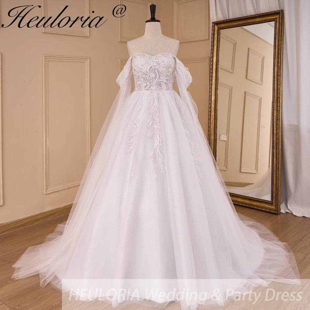 HEULORIA elegant A line wedding dress off shoulder Sparkly Glitter lace bridal dress with ribbon Robe De Mariee Wedding Bride Dress AL-819