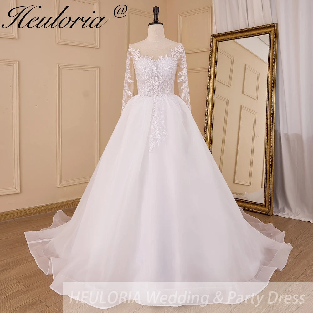 HEULORIA elegant lace appliqe A line Wedding Dress long sleeve organza skirt bride dress plus size robe de mariee Wedding Bridal Gown AL-833